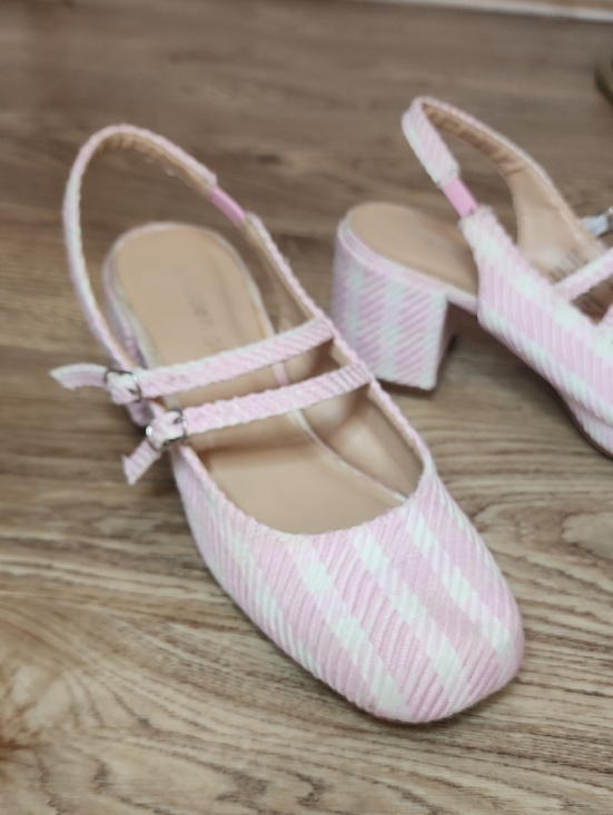 Madden Girl Shoes - Madden Girl Doll Block Heel Slingback Pink White Woven Pattern Mary Jane Shoes